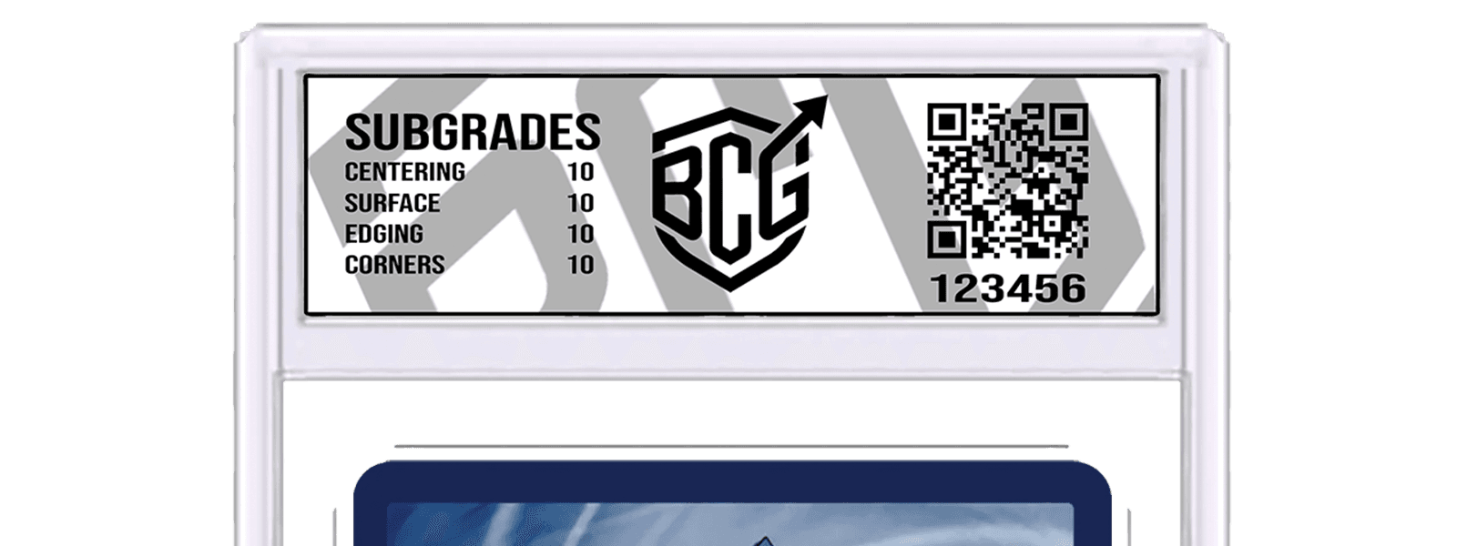 The back of a Beyond Card Grading slab: subgrades of 10 for centering, surface, edging and corners, beside the certificate number and a code for checking it